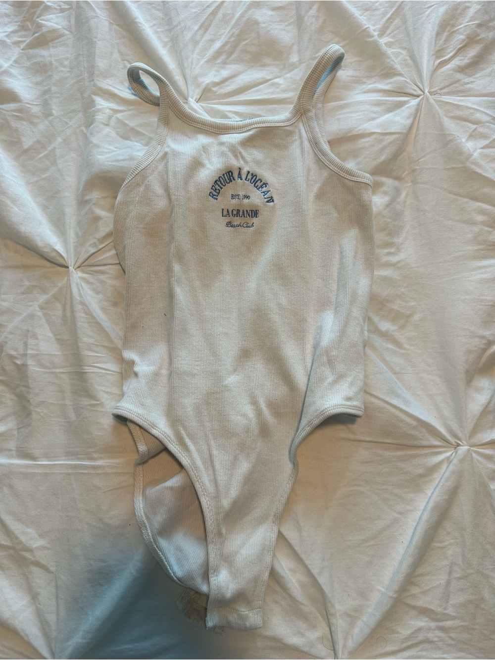 Charlie Holiday Cream One-Piece Bodysuit with Blue Script